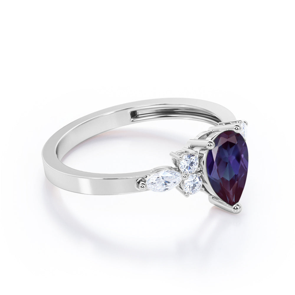 Modern Seven stones 1.15 carat Pear cut Lab created Alexandrite and diamond marquise and dot engagement ring in White gold