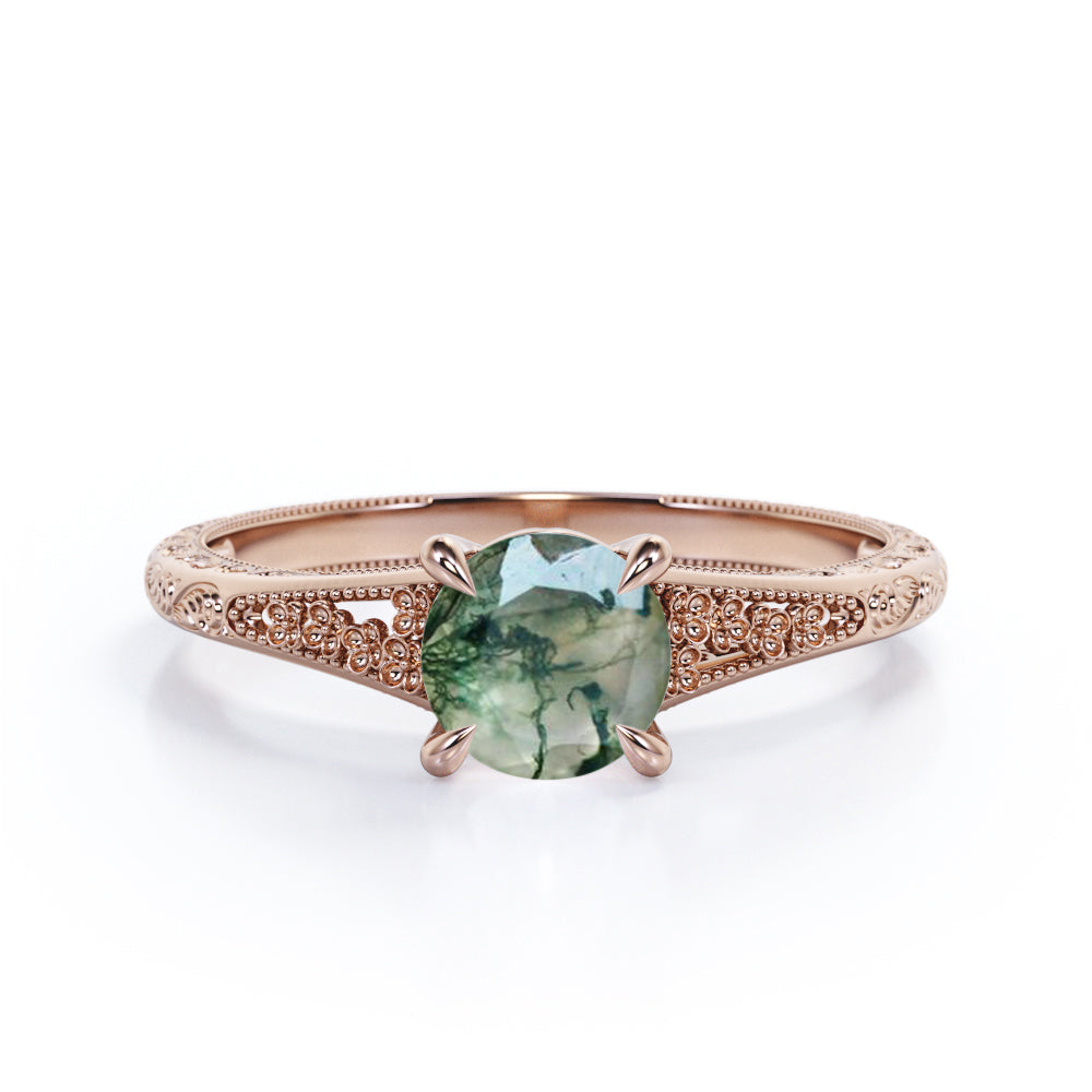 Milgrain Split Shank 1 carat Round cut Moss Green Agate-floral filigree-nature inspired engagement ring in Rose gold