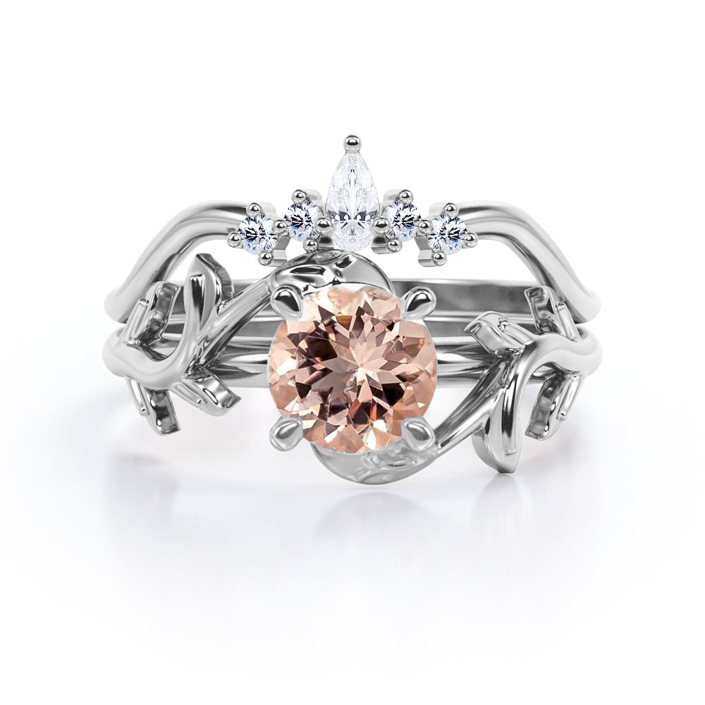 Chevron Tiara 1.1 carat Round cut Peach Morganite and diamond nature inspired wedding ring set for women in White gold