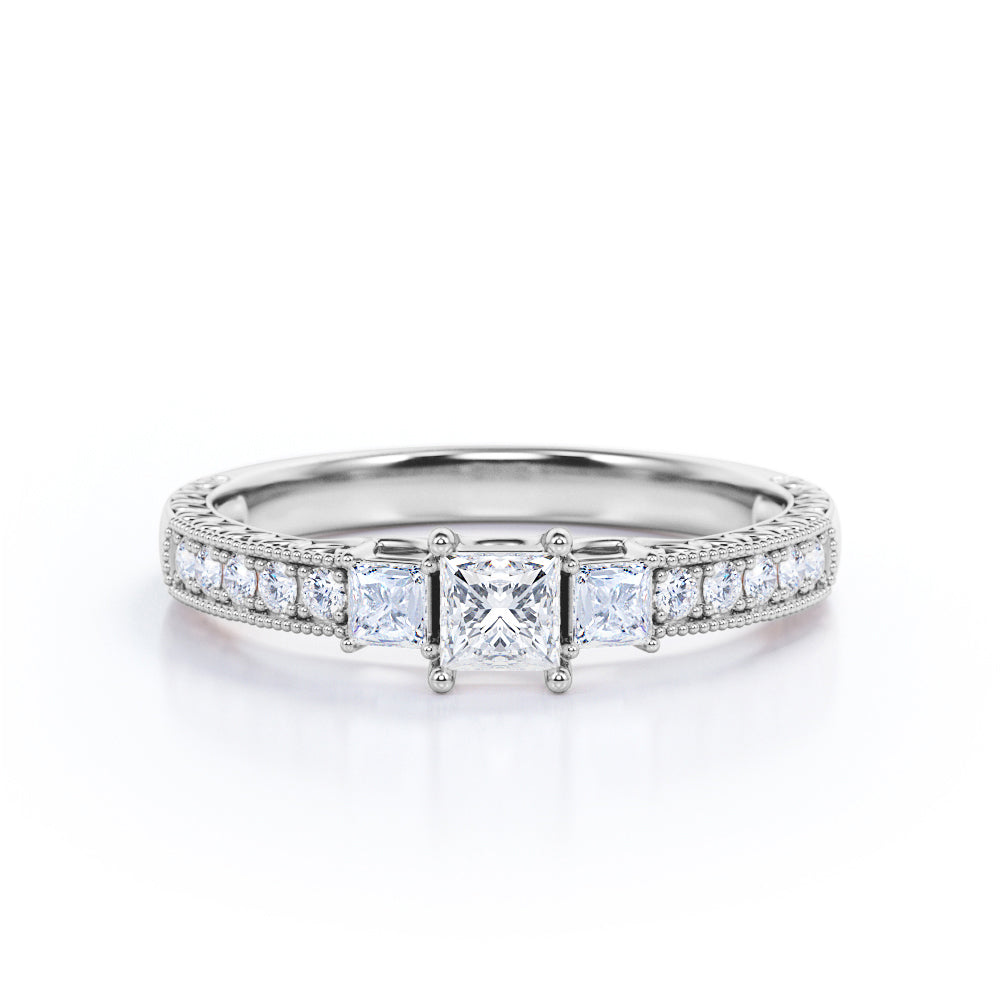Vintage inspired trilogy 0.75 carat Princess cut Moissanite and diamond art nouveau engagement ring in White gold