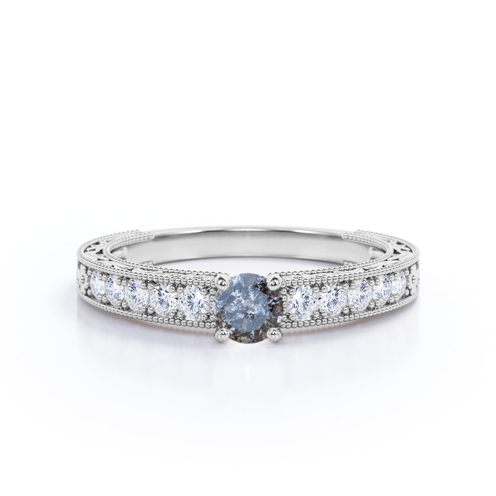 Antique Cathedral 0.7 carat Round cut Salt and pepper diamond scrollwork filigree engagement ring in White gold