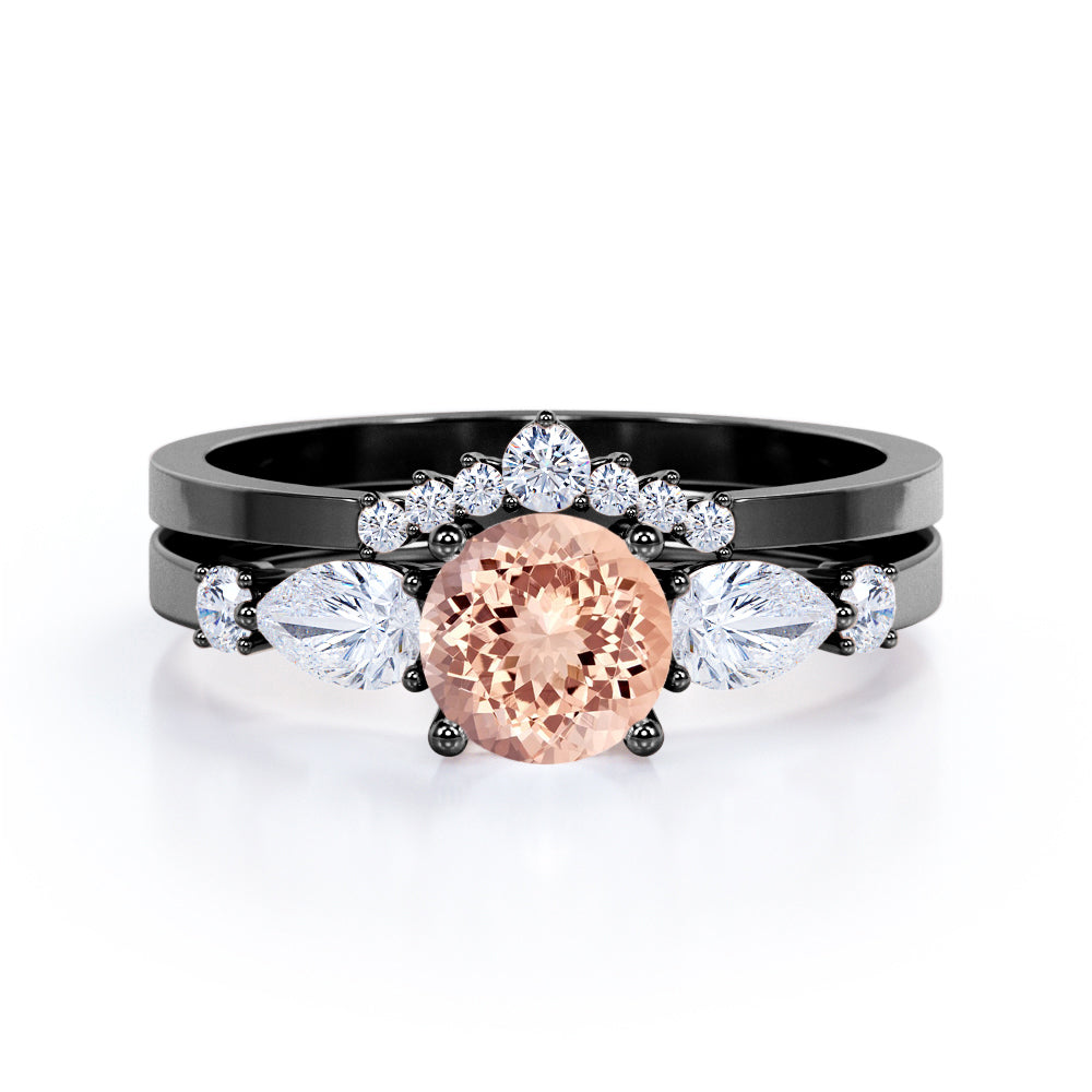 Modern Crown 1.35 carat Round cut Peach pink Morganite and diamond wedding ring set for her in Black gold