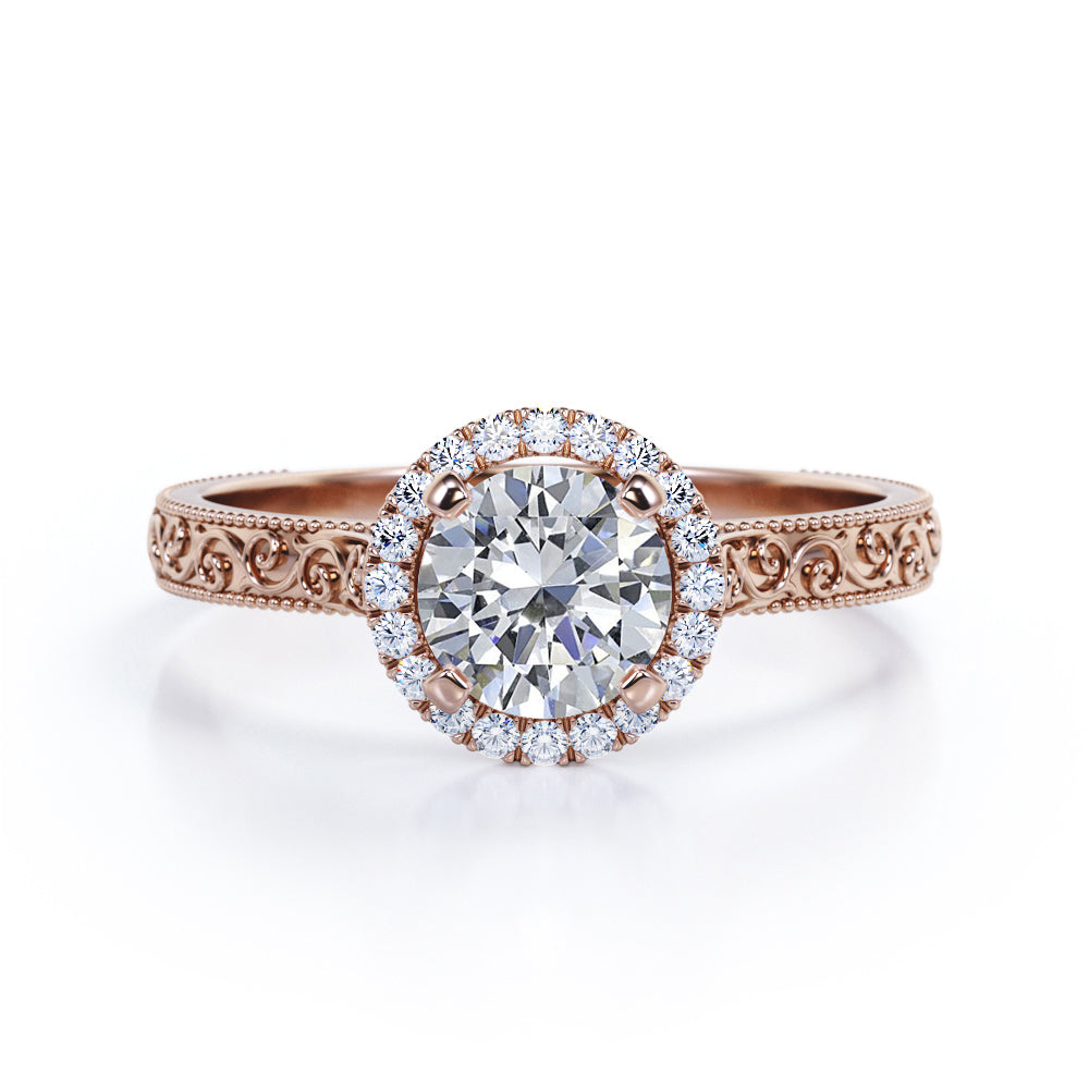 Filigree engraved 1.15 carat Round cut Moissanite and diamond Edwardian engagement ring in Rose gold