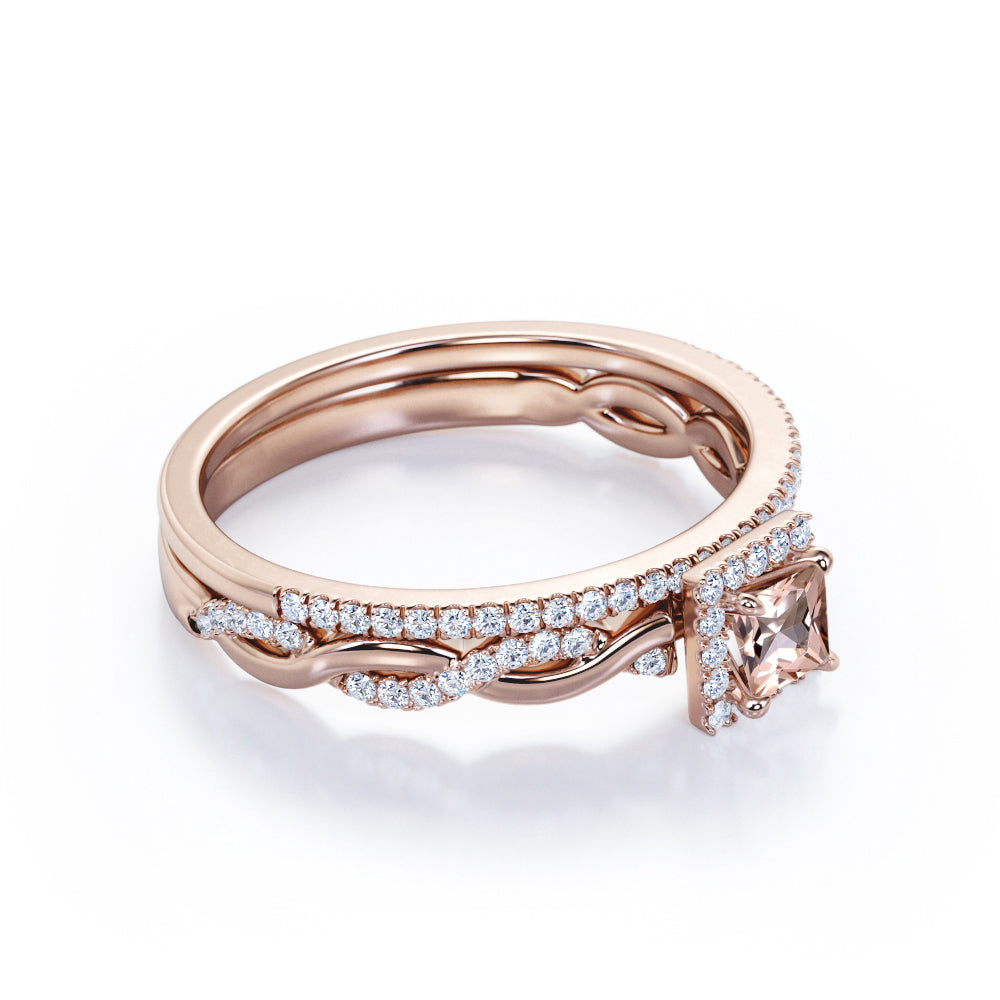 Unique Snake Twists 1 carat Princess cut Natural Morganite and diamond pave setting wedding ring set for women in Rose gold