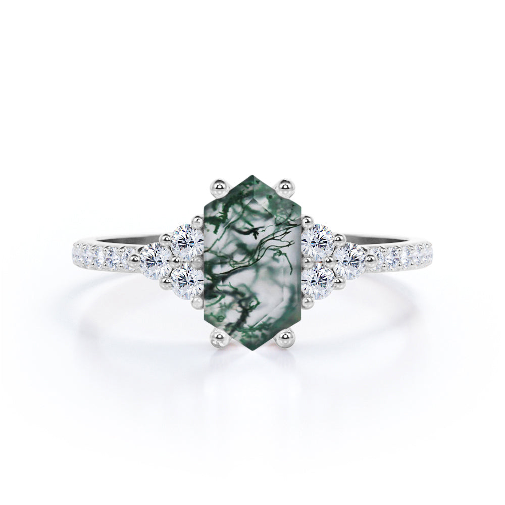 Modern Art deco 1.35 carat Hexagon cut Moss Green Agate and diamond pave setting engagement ring in White gold