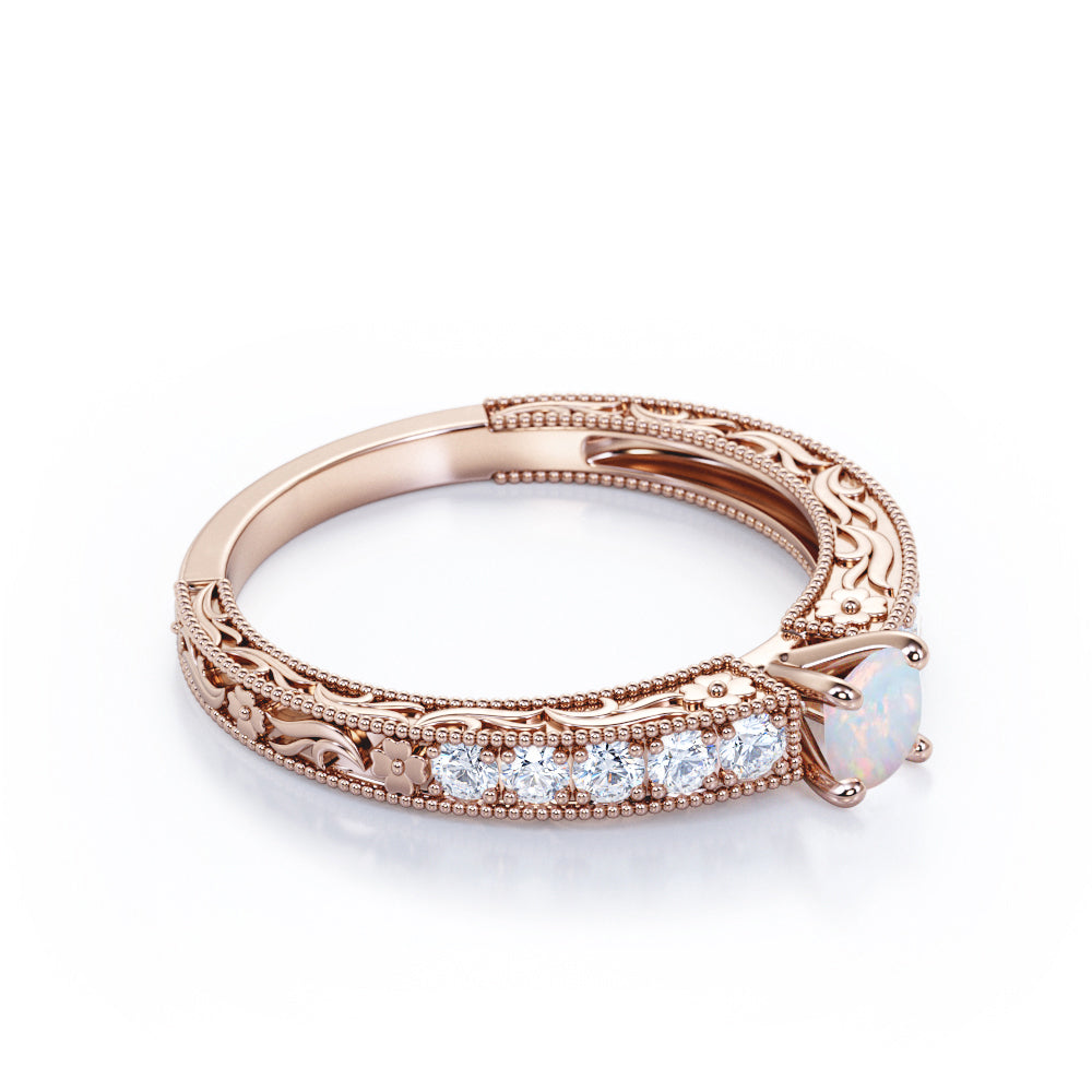 Bead Décor 0.6 carat Round cut Austrlian Opal and diamond channel set engagement ring for her in Rose gold