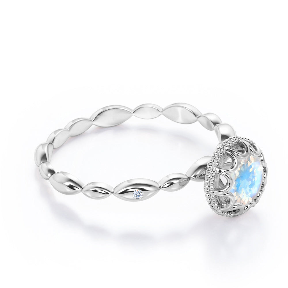 Flower Milgrain Halo 1 carat Round cut Blue Moonstone solitaire infinity engagement ring in White gold