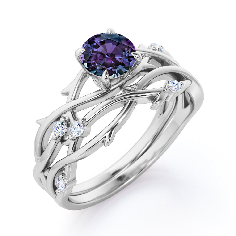 Twig Branch Bands 1.1 carat Round cut Synthetic Alexandrite and diamond art deco wedding ring set in Black gold