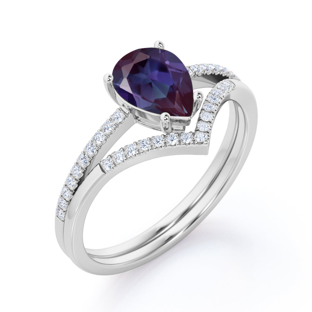 Simple Chevron 1.35 carat Pear shaped Lab created Alexandrite and diamond pave set wedding ring set in Black gold