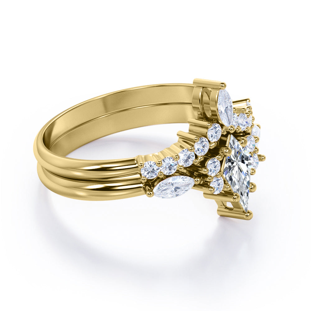 Boho inspired 1.5 carat Kite shaped Moissanite and diamond chevron wedding ring set in yellow gold