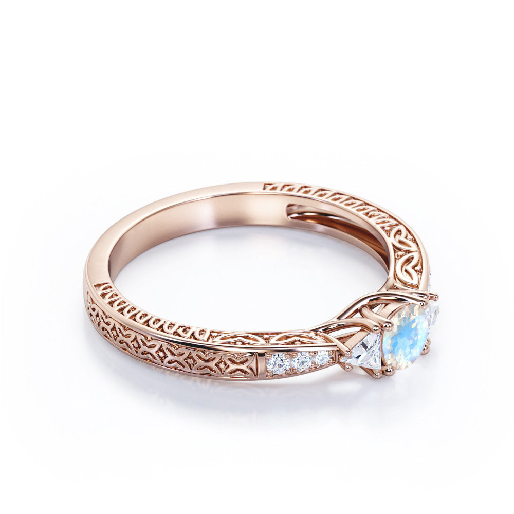 Vintage Filigree 1.15 carat Round cut Moonstone and diamond trillion cut engagement ring for women in Rose gold