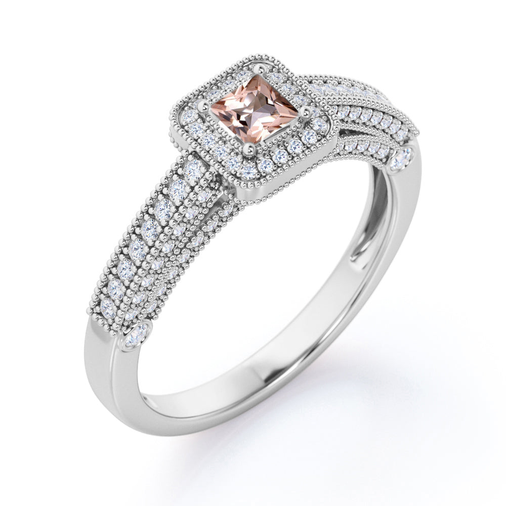 Vintage Beaded 1 carat Princess cut Morganite and diamond engagement ring for women in White gold