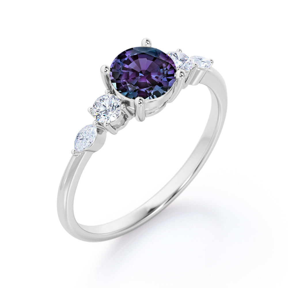 Button Prong style 0.65 carat Round cut Synthetic Alexandrite and diamond five stone engagement ring in White gold