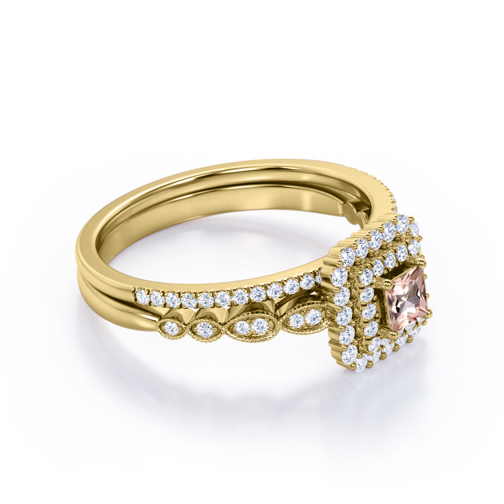 Intricate Double Halo 1.5 carat Princess cut Morganite and diamond Milgrain pave engagement ring set for women in yellow gold