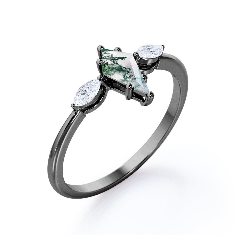 Modern Trinity 1.15 carat Kite shaped Moss Green Agate and marquise diamond tapered shank engagement ring in Black gold