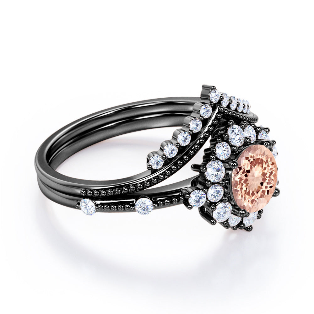 Contoured setting 1.65 carat Round cut Morganite and diamond Snowflake Milgrain Bridal set in Black gold