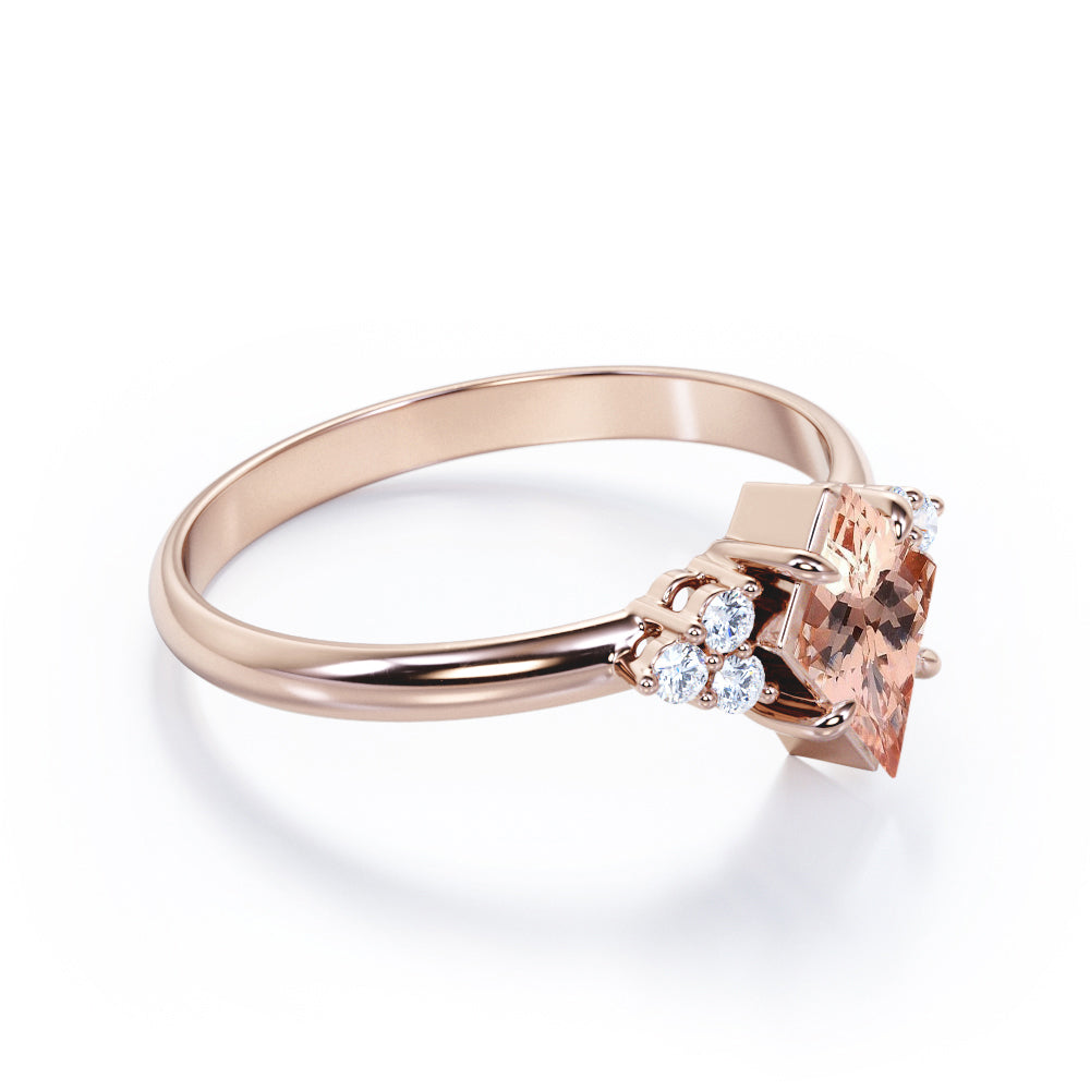 Affordable 1.2 carat Kite shaped Peach Morganite and diamond claw prong engagement ring in Rose gold
