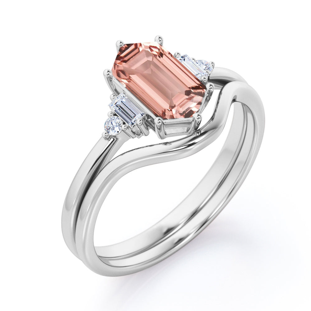 Simple Contoured 1.1 carat Hexagon cut Morganite and diamond 6 prong engagement ring in White gold