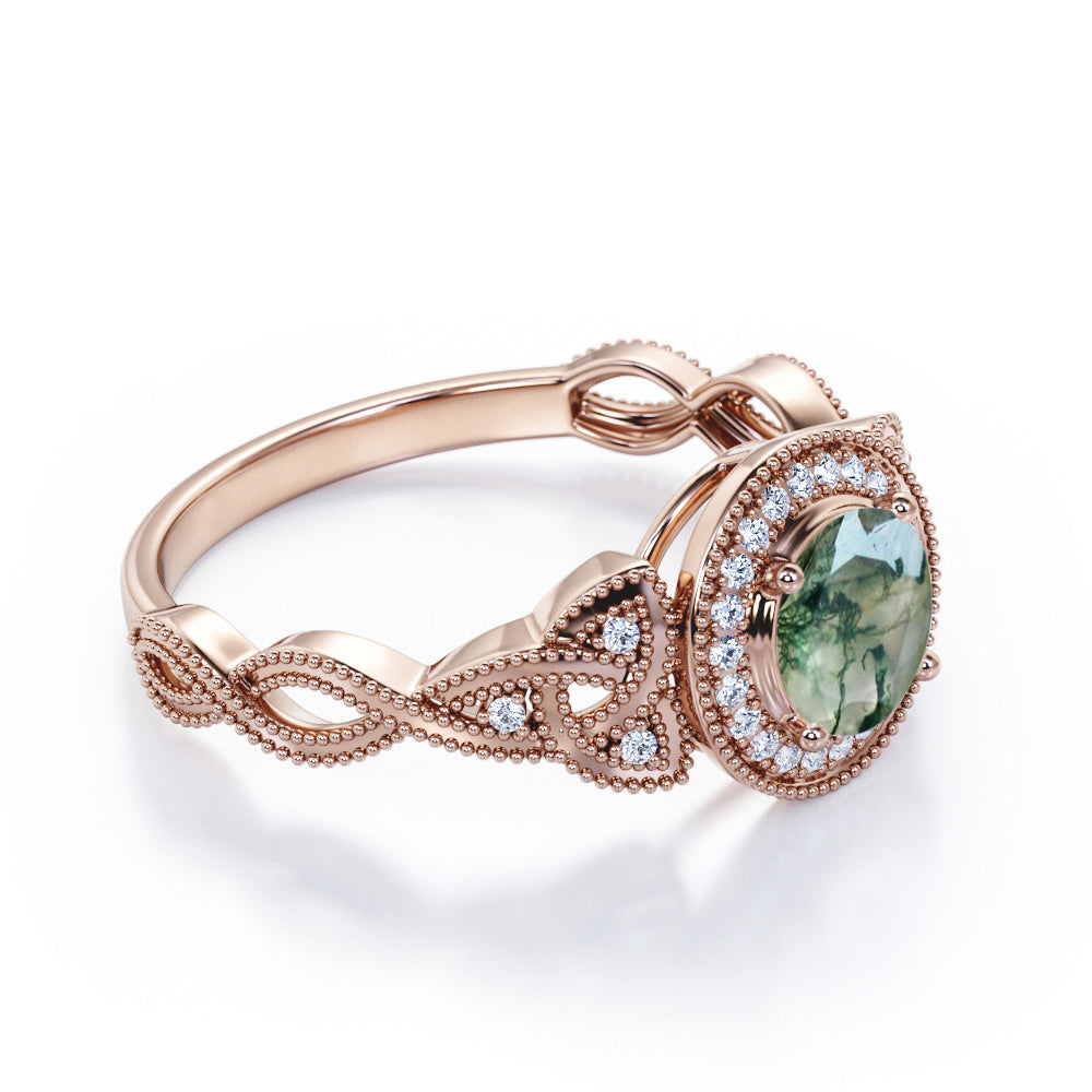 1.5 carat Round cut floral rope design Moss Green Agate and diamond halo engagement ring in Rose gold