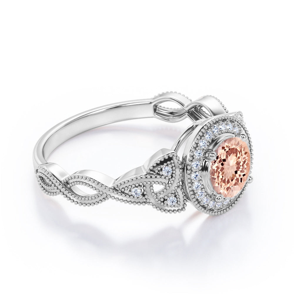 Twisted Vine 1.25 carat Round cut Peach Pink Morganite and diamond milgrain halo engagement ring in White gold