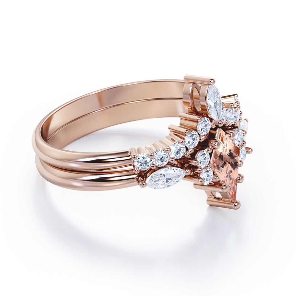Vintage Crown 1.5 carat Kite shaped Peach Morganite and diamond Chevron tiara wedding ring set in Rose gold