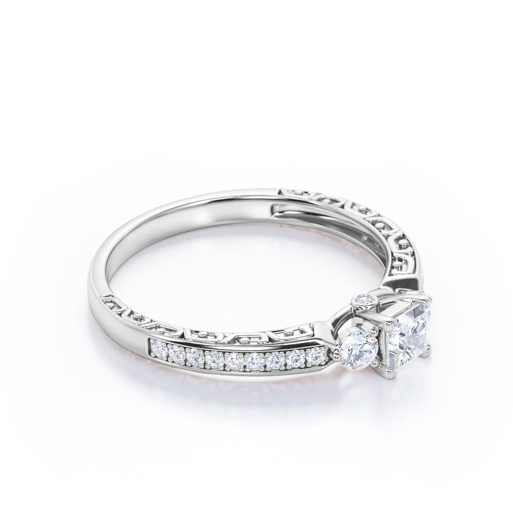 Bridge accent setting 0.75 carat Princess cut Moissanite and diamonds three stone engagement ring in White gold
