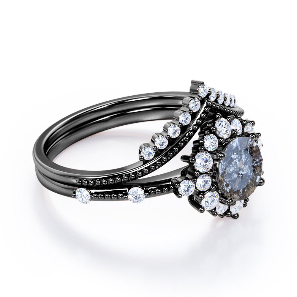Beaded chevron 1 carat Round cut Salt and pepper diamond and White diamond clustered halo wedding ring set in Black gold