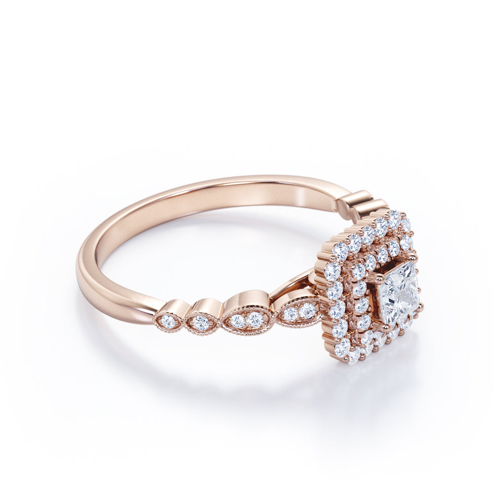 Exquisite double halo 1.25 carat Princess cut Moissanite and diamond milgrain engagement ring in Rose gold