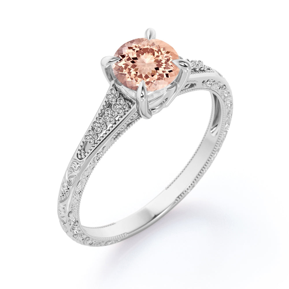 Filigree Split Shank 1 carat Round cut Pink Morganite nature inspired engagement ring in White gold