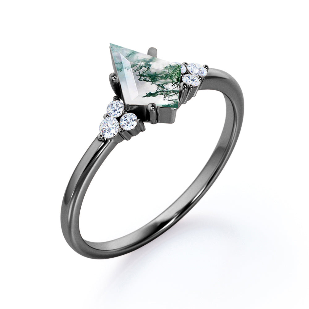 Elegant 1.1 carat Kite shaped Moss Green Agate and diamond 7 stone engagement ring in Black gold