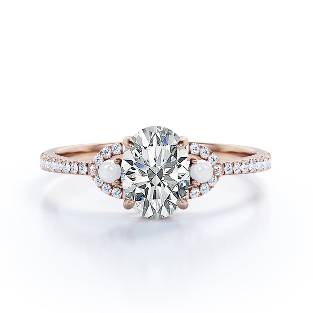 Vintage crescent style 1.35 carat Oval cut Moissanite, diamonds and freshwater pearl engagement ring in Rose gold