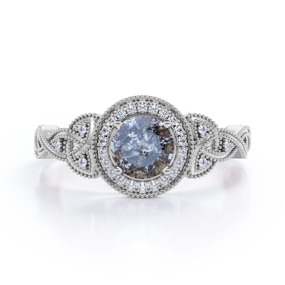 Twisted Vine inspired 0.75 carat Round cut Salt and pepper diamond and White diamond classic halo engagement ring in White gold