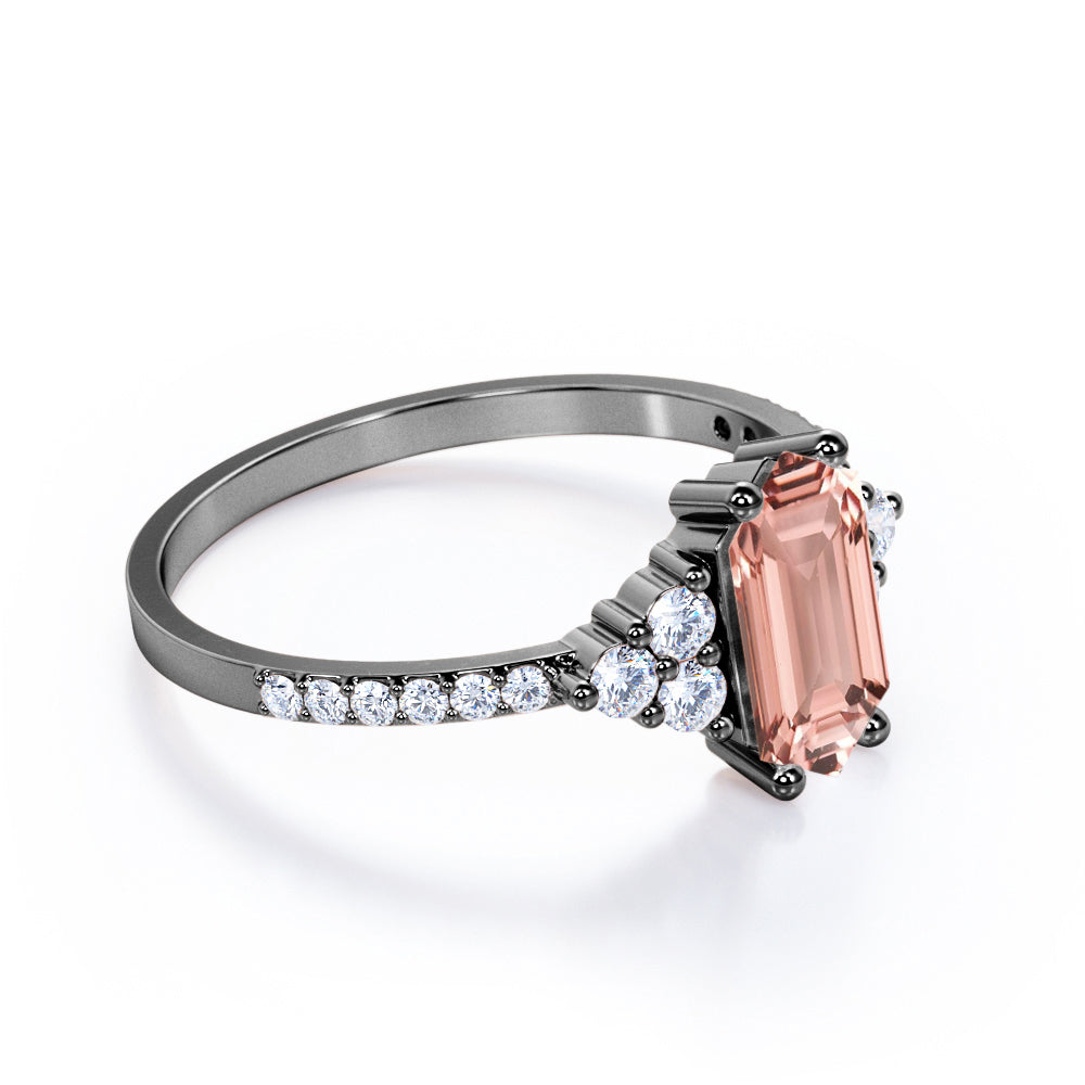 Elongated 1.5 carat Hexagon shaped Morganite and diamond pave eternity engagement ring in Black gold