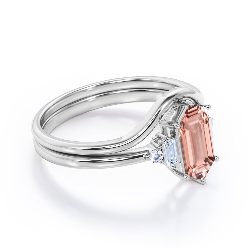 Simple Contoured 1.1 carat Hexagon cut Morganite and diamond 6 prong engagement ring in White gold
