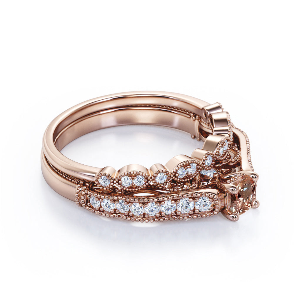 Milgrain Bead Scrollwork 0.75 carat Round cut Peach Morganite and diamond cathedral style wedding ring set in Rose gold