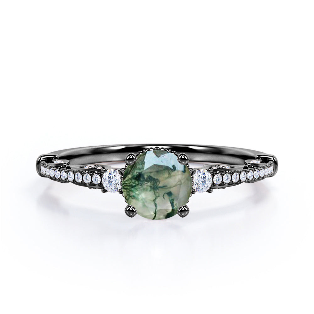 Vintage Bead décor 1.4 carat Round cut Moss Agate and diamond-pave filigree-three stone engagement ring in Black gold
