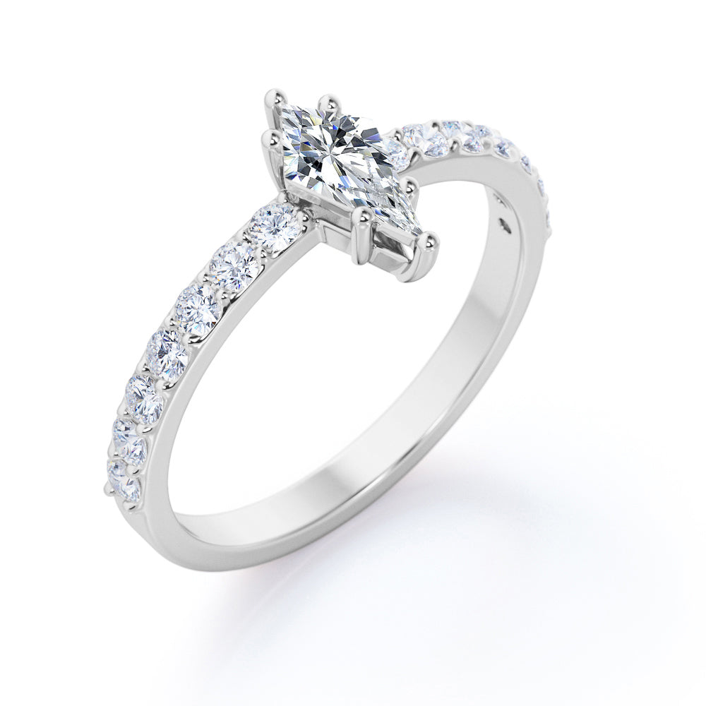 Minimalist 0.7 carat Kite shaped Moissanite and diamond 6 prong engagement ring in White gold