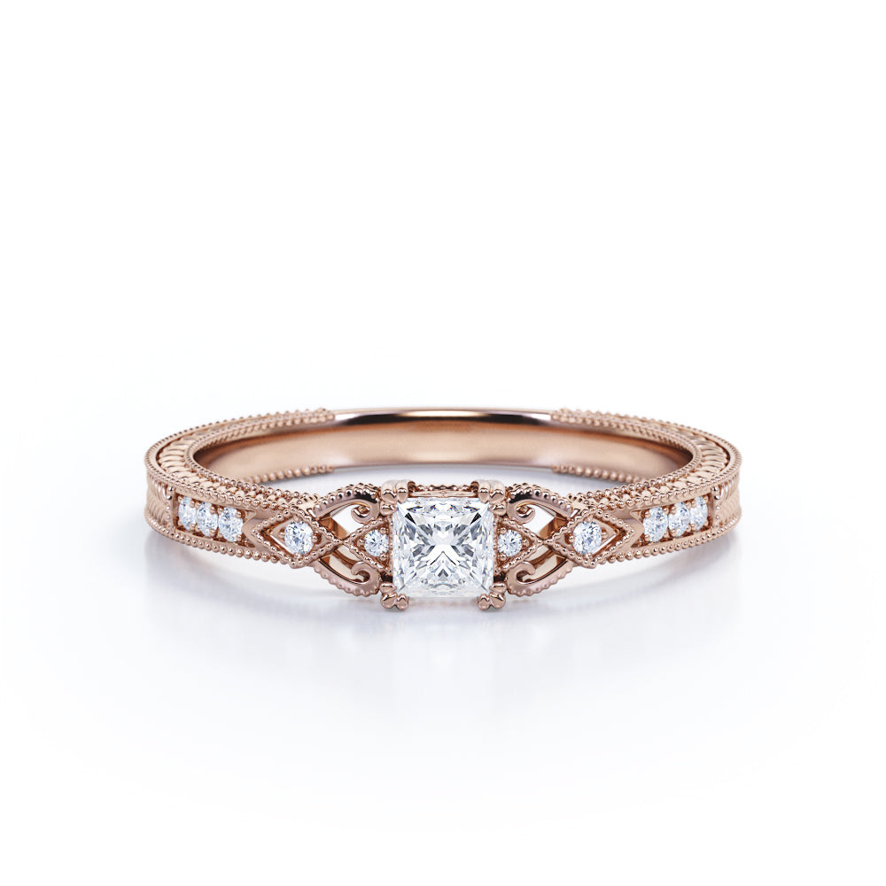 Intricate 1.1 carat Princess cut Moissanite and diamond Edwardian art deco engagement ring in Rose gold