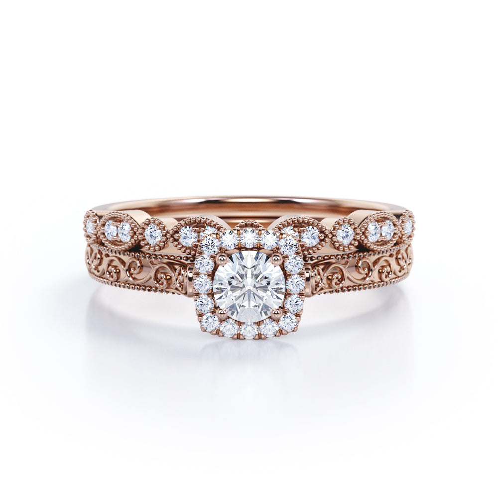 Art deco Filigree 0.75 carat Round cut Moissanite and diamond milgrain and halo Bridal set in Rose gold