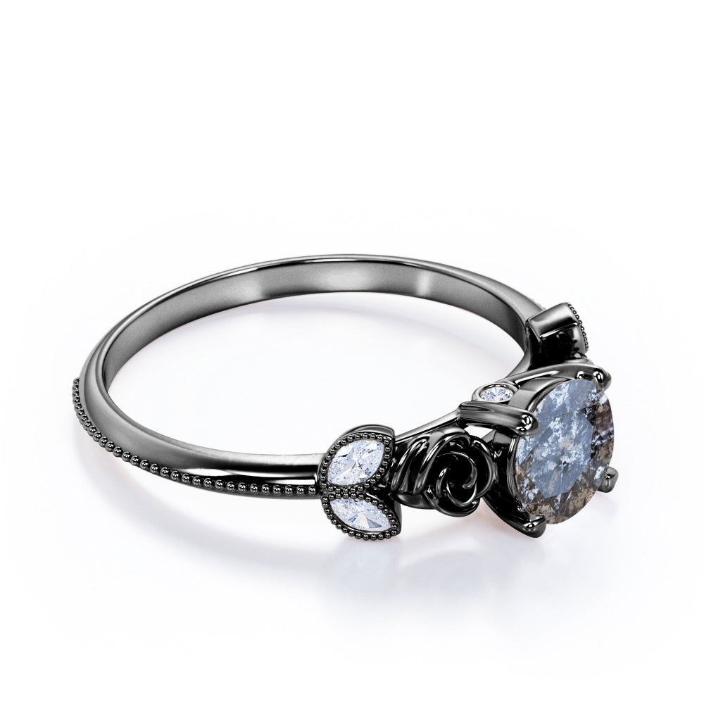 Vintage Flower 0.6 carat Round cut Salt and pepper diamond and White diamond marquise milgrain engagement ring in Black gold
