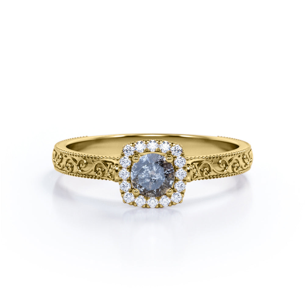 Victorian halo 0.65 carat Round cut Salt and pepper diamond and White diamond anniversary ring for her in yellow gold