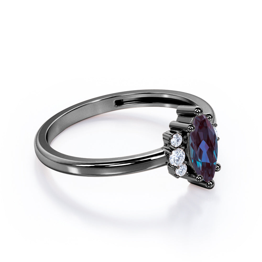 Unique 1.1 carat Marquise shaped Synthetic Alexandrite and diamond floral engagement ring in Black gold