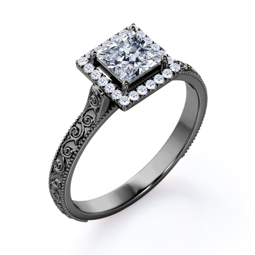 1.15 carat Princess cut Moissanite and diamond vintage filigree engagement ring in Black gold