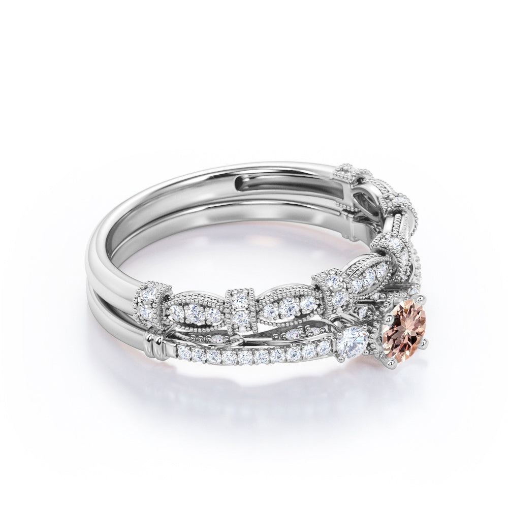 Artistic 1 carat Round cut Pink Morganite and diamond engraved art deco inspired wedding ring set in White gold