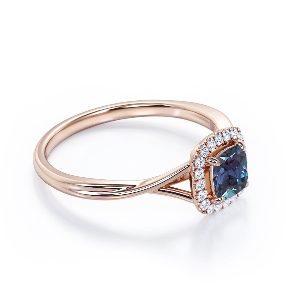 Eccentric Split Shank 1.25 carat Cushion Cut Lab made Alexandrite and diamond vintage inspired engagement ring in Rose gold
