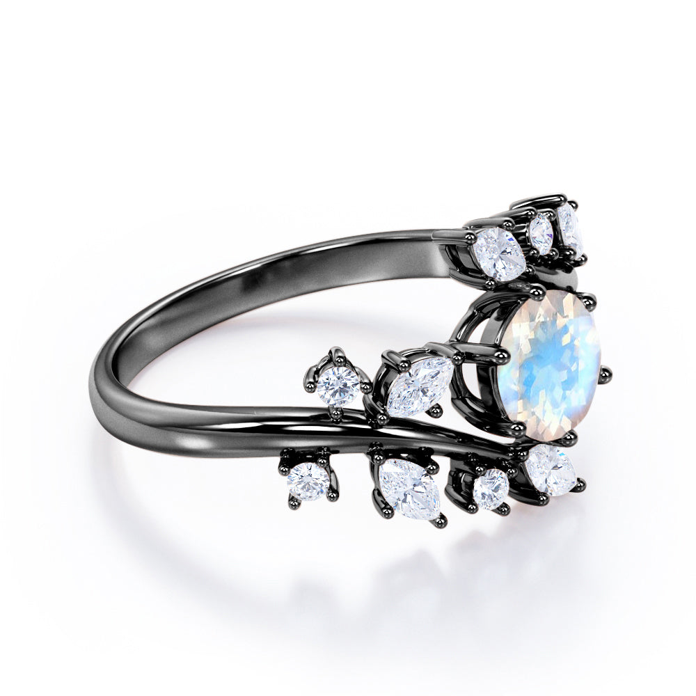 Floral Branch and leaf 1.25 carat Round cut Blue Moonstone and diamond tension set engagement ring in Black gold