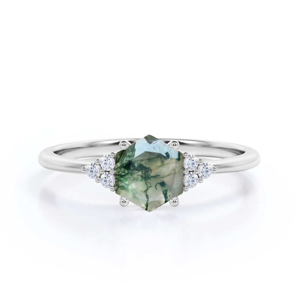 Seven lucky stones 1 carat Hexagon shaped Moss Green Agate and diamond pinched shank engagement ring in White gold