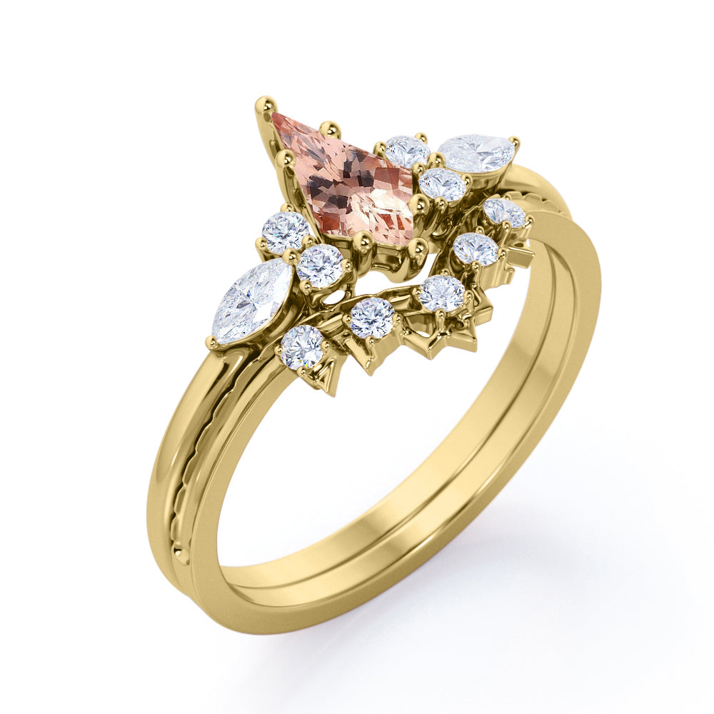 Chevron Triad 1.35 carat Kite shaped Peach Pink Morganite and diamond 7 stone Bridal set in Yellow gold