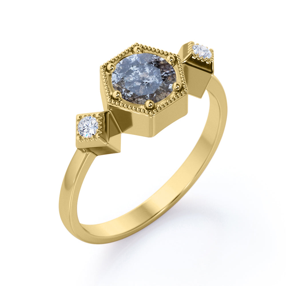 Trio Bezel 0.6 carat Round cut Salt and pepper diamond and White diamond milgrain halo engagement ring in yellow gold