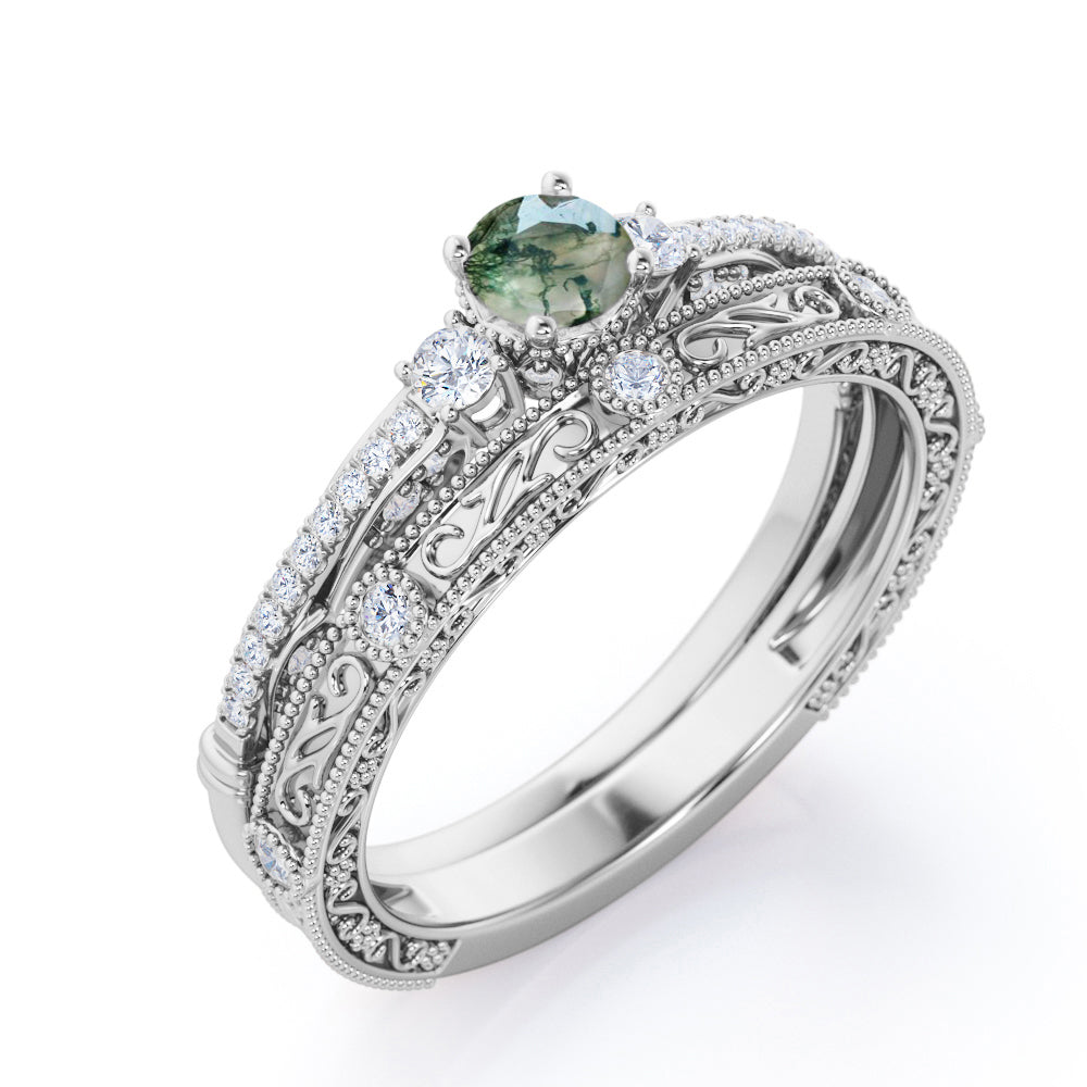 Trinity 0.8 carat Round cut Moss Green Agate artistic art deco filigree wedding ring set in White gold